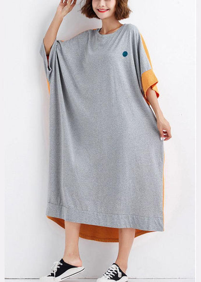 Grey Patchwork Orange Low High Graphic Summer Half Sleeve Vacation Dress