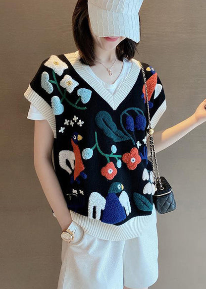 Grey V Neck Jacquard Patchwork Knit Vest Sleeveless