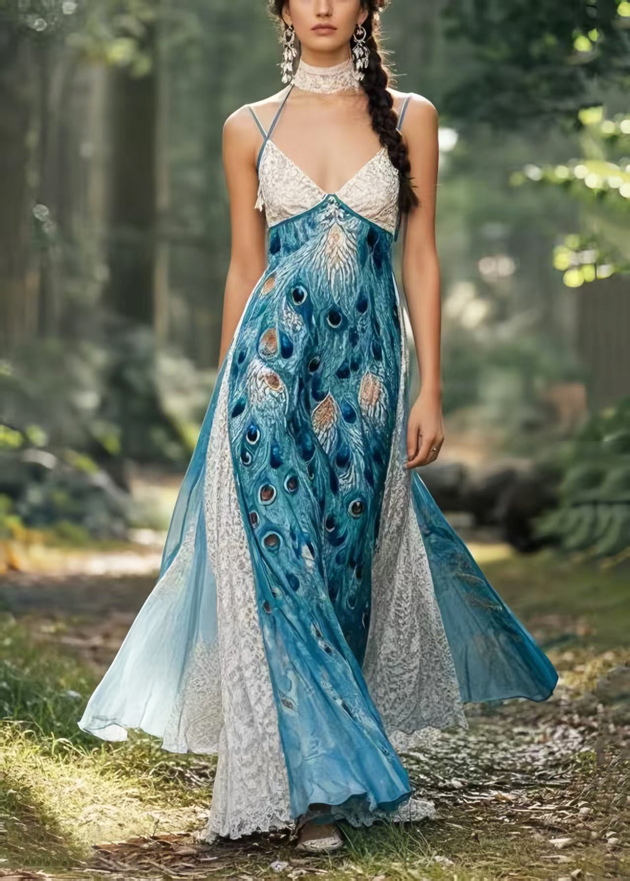 Peacock Blue Print Patchwork Exra Large Hem Chiffon Sundress Summer