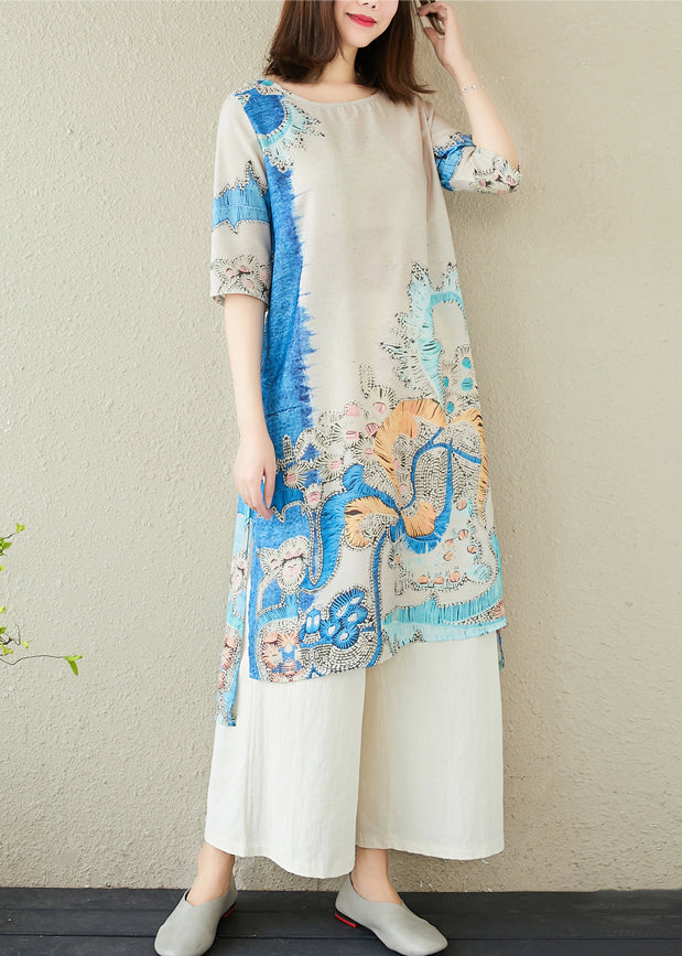 Blue Oversized Print Linen Dresses Summer
