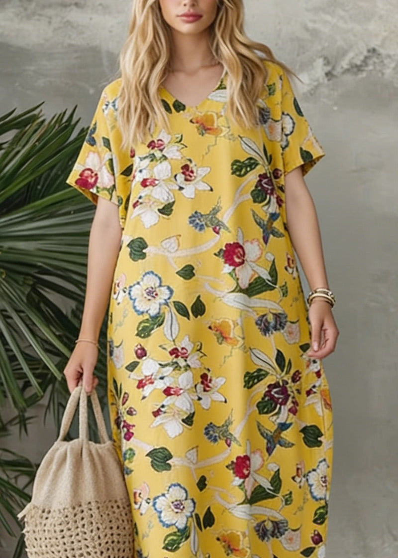 Yellow V Neck Print Loose Cotton Dress Summer