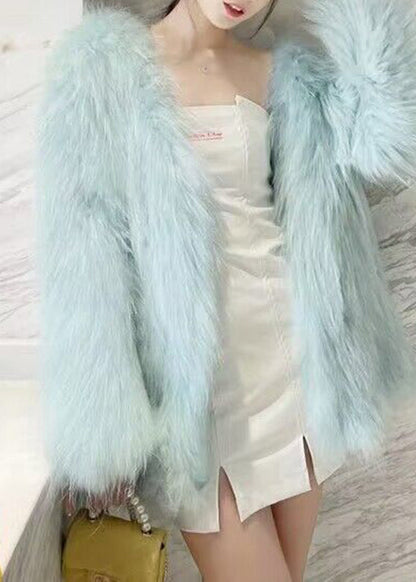 Vogue Light Green V Neck Button Leather and Fur Coat Winter