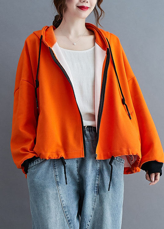 Unique Orange Hooded Zippered Drawstring Fall Jacket Long Sleeve