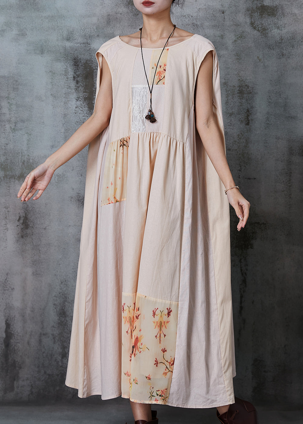 Khaki Oversized Patchwork Cotton Dress Summer