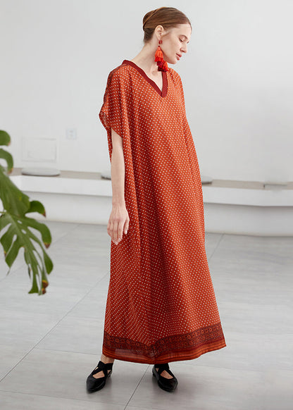Orange V Neck Print Chiffon Vacation Robe Dresses Summer