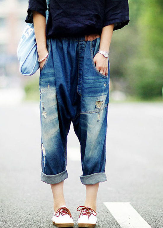 Dark Blue Asymmetrical Pockets Elastic Waist Ripped Jeans Spring