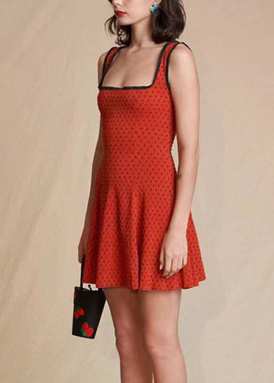 Slim Fit Red Square Collar Dot Print Spaghetti Strap Mid Dress Sleeveless Summer