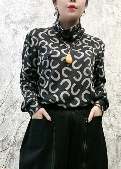 Italian Black Turtleneck Print Tops Long Sleeve