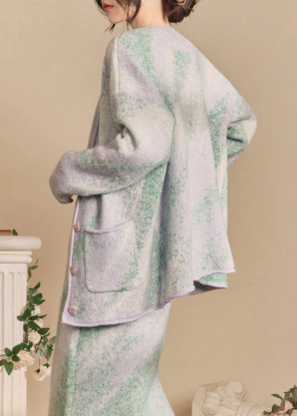 Loose Gradient Color Pockets Coats and Dress Knit Two Pieces Set Winter