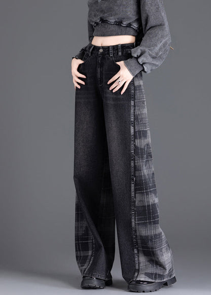 New Black Pockets Plaid Patchwork Warm Fleece Denim Pants Spring