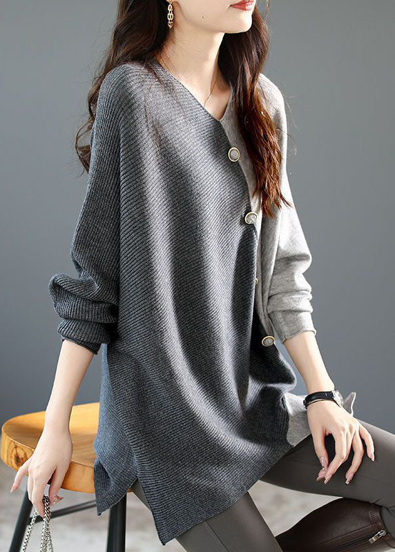 Grey Asymmetrical Patchwork Knit Shirt Winter