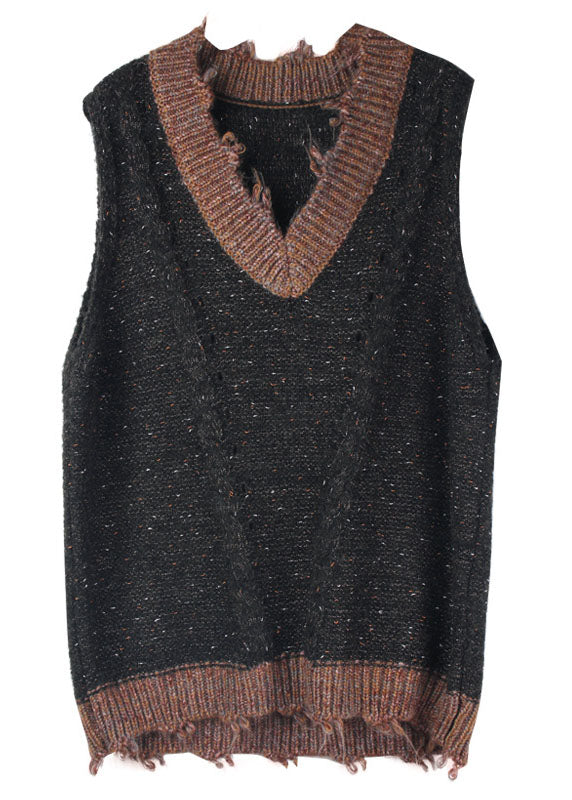 Italian Grey Patchwork V Neck Knit Fall Vest