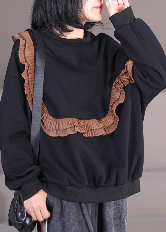 Coffee O-neck Ruffled Patchwork Cotton Sweatshirts Fall