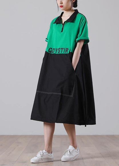 Simple Green Graphic Cotton Pockets Summer Party Dress