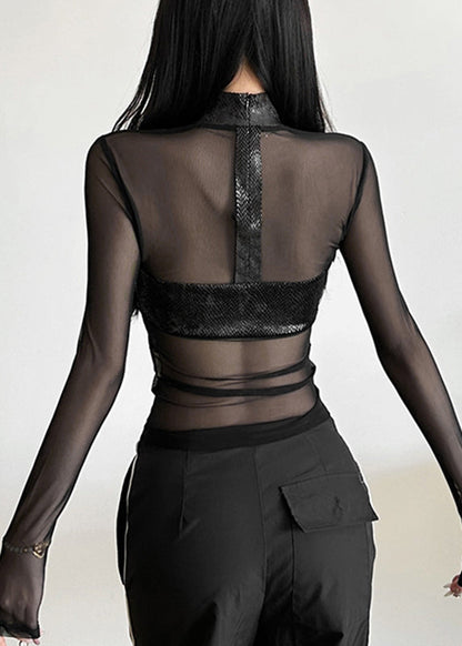 Black Turtleneck Sheer Tulle Top Spring