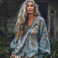 Vintage Bohemian Style Linen Floral Art Print  Long Sleeve Shirt artswardrobe
