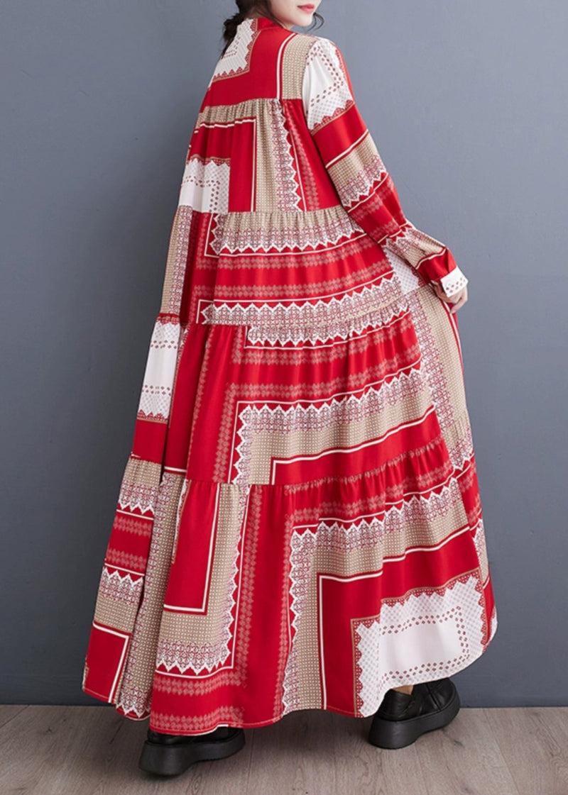 Colorblock Stand Collar Print Asymmetrical Patchwork Robe Dresses Spring