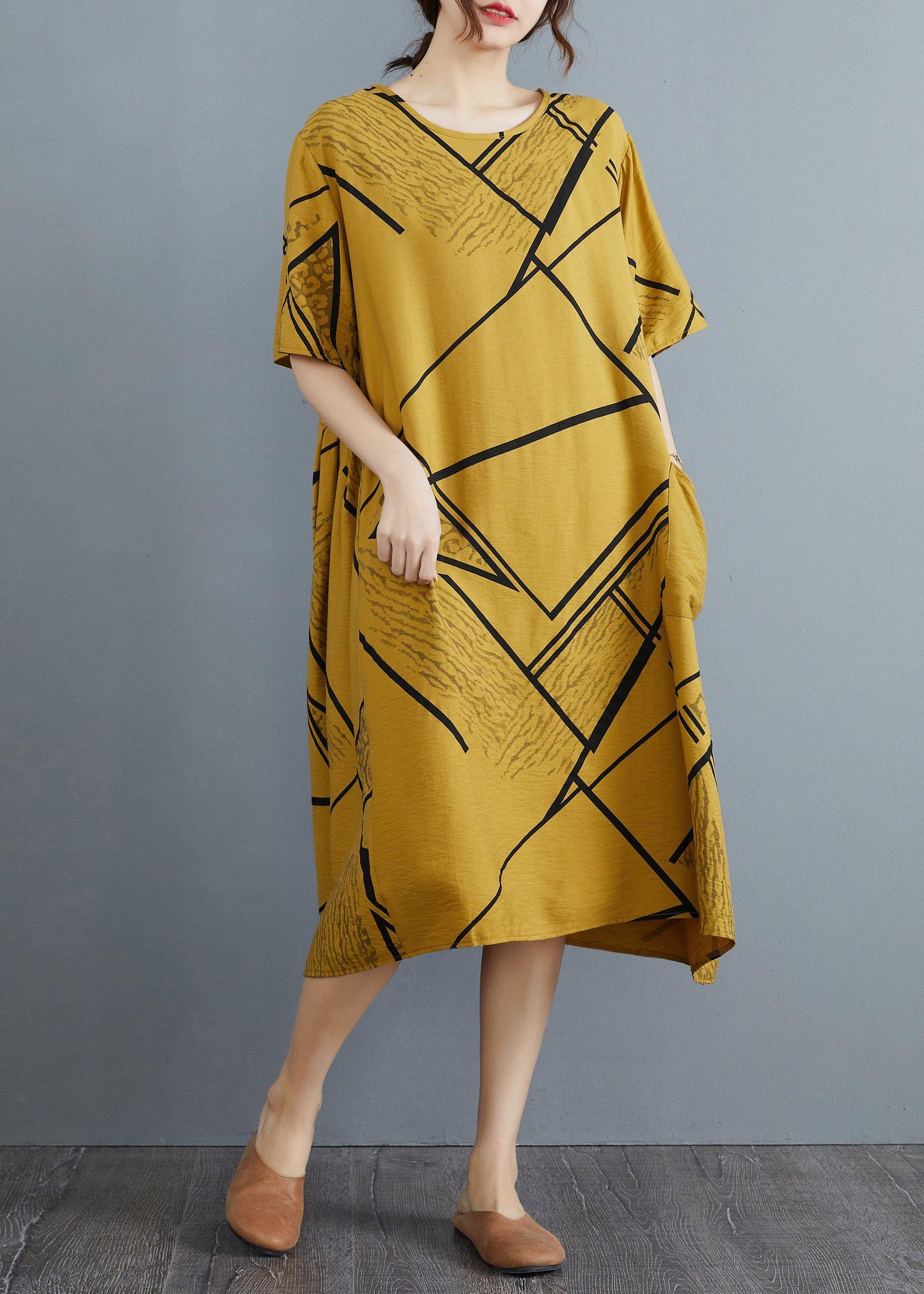 Yellow Print Pockets Cotton Linen Long Summer Dress