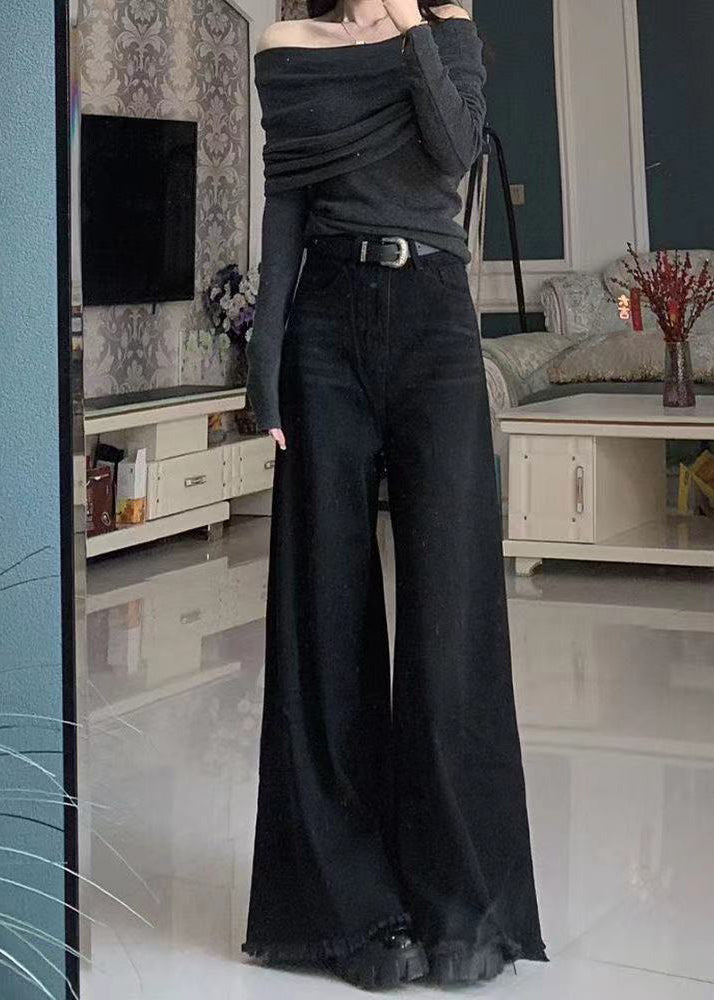 Black Tasseled Pockets Denim Wide Leg Pants Spring