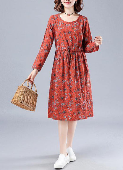 Red Print Wardrobes O Neck Drawstring Loose Spring Dresses