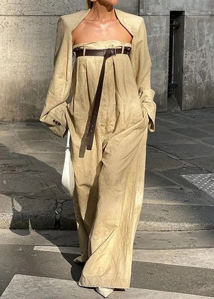 Camel Patchwork Sashes Jumpsuits Flare Sleeve