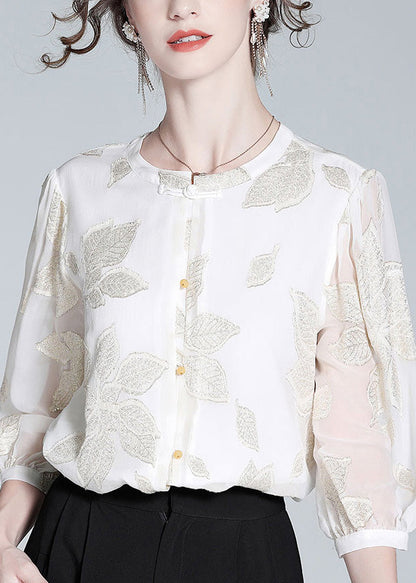 Fine White O-neck Embroideried Print Button Silk Top Spring
