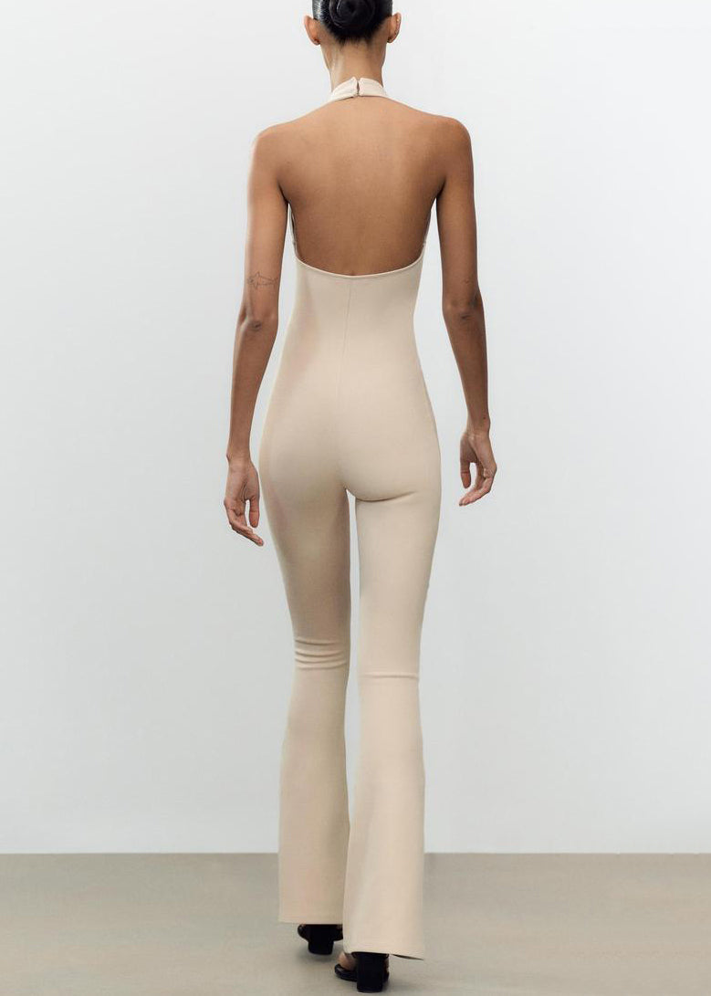 Slim Fit Beige Backless Zippered Cotton Jumpsuit Sleeveless
