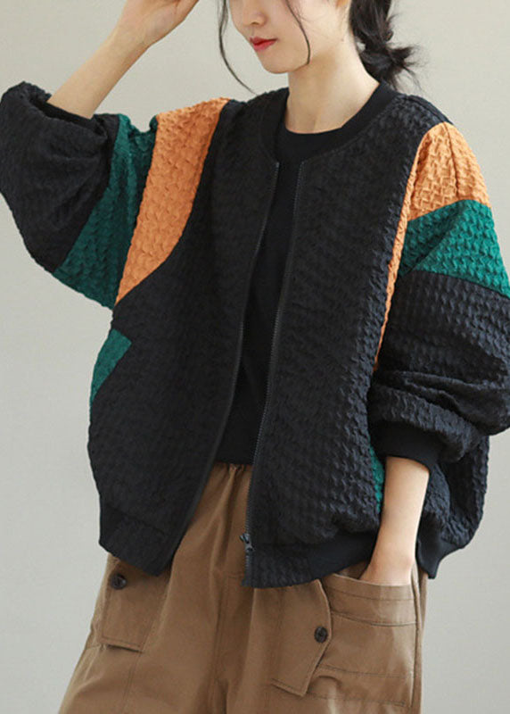 Black Loose Zippered Pockets Fall Jackets