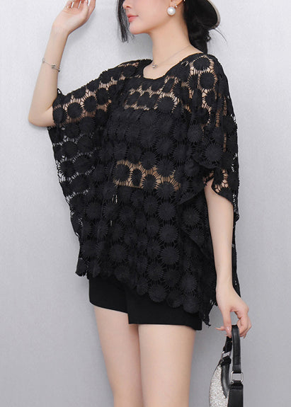 Black Hollow Out Lace Tanks Batwing Sleeve