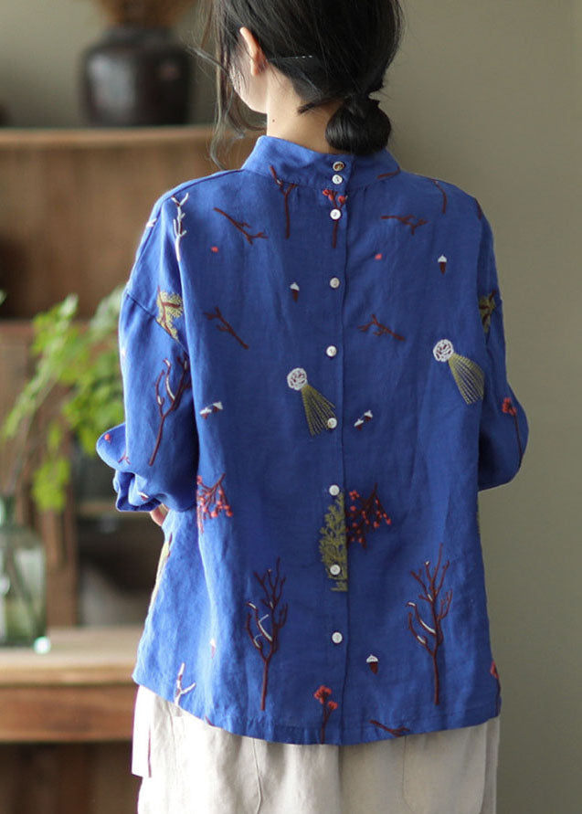 Stylish White Polka Dots Embroidered Retro Linen Blouse Tops Spring