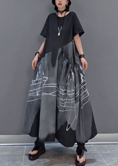 Italian Black Asymmetrical Drawstring Print Patchwork Ankle Dress Spring
