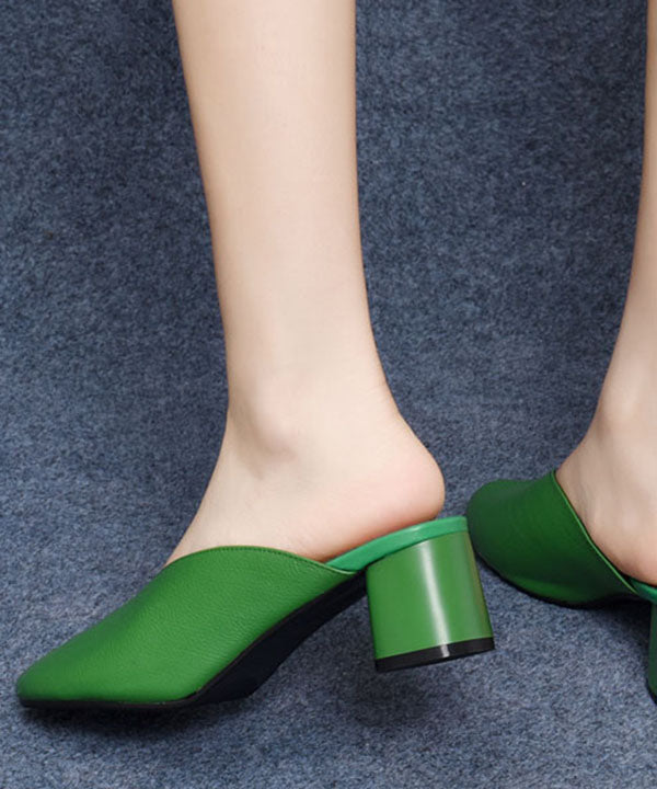 Green Splicing Cowhide Leather Chunky Slide Sandals Peep Toe