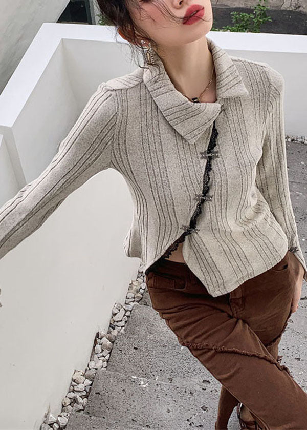 Apricot Asymmetrical Patchwork Knit Sweater Tops Long Sleeve