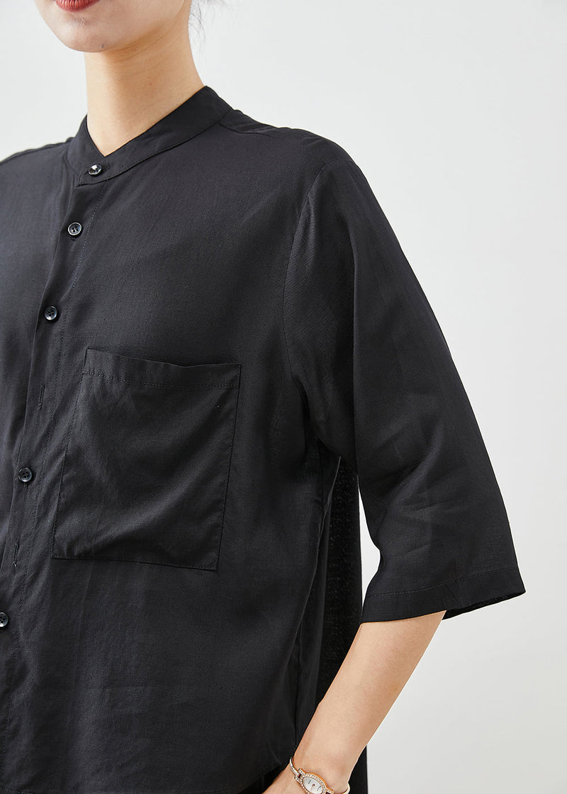 Style Black Asymmetrical Patchwork Linen Silk Two Pieces Set Spring