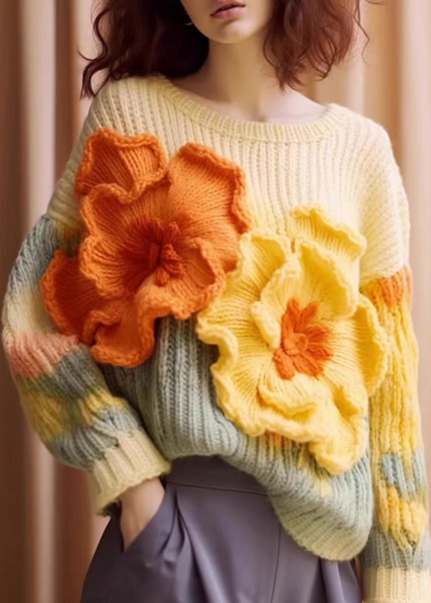Unique Apricot Patchwork Cozy Cotton Knit Sweaters Long Sleeve