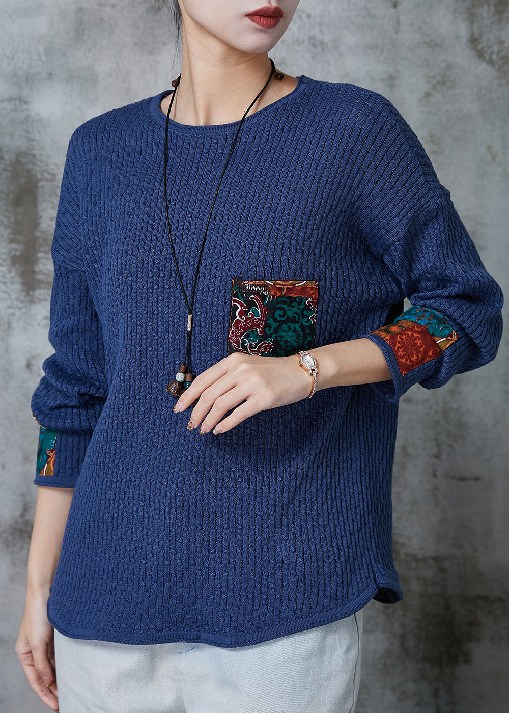 Blue Oversized Patchwork Pocket Knit Sweater Spring