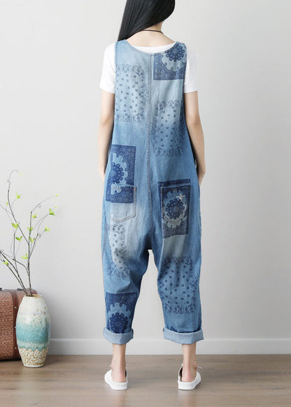 Loose Blue Hole V Neck Print Cotton Denim Jumpsuits Spring