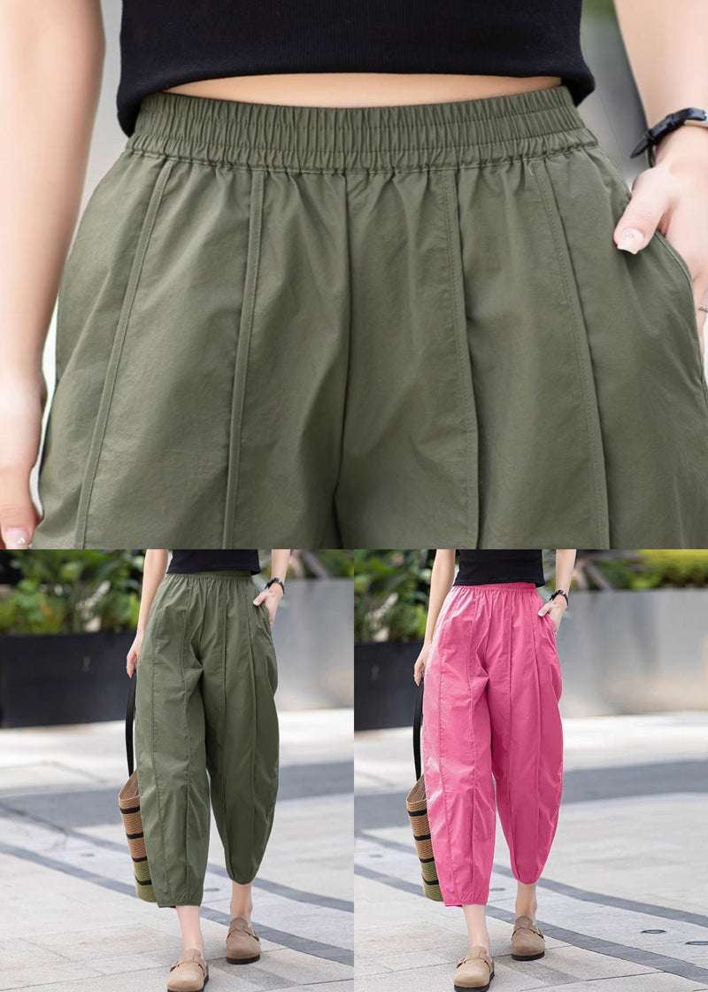 New Army Green Wrinkled Pockets Cotton Crop Pants Summer