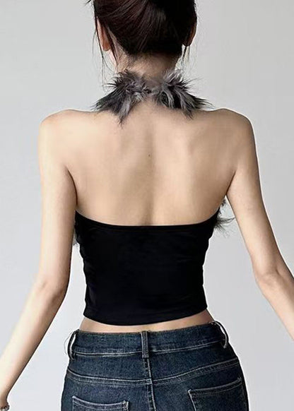 Black Hollow Out Fluffy Patchwork Tanks Sleeveless
