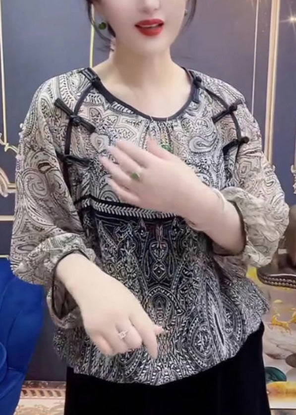 Retro Print O-neck Chiffon Top Long Sleeve