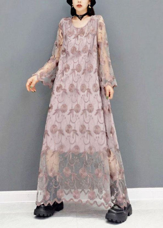 Organic Orange O-neck Long Sleeve Lace Fall Dress