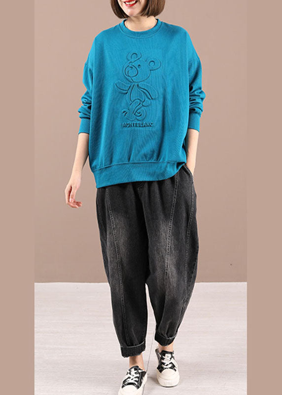 Blue O-neck Print Loose Fall Sweatshirts