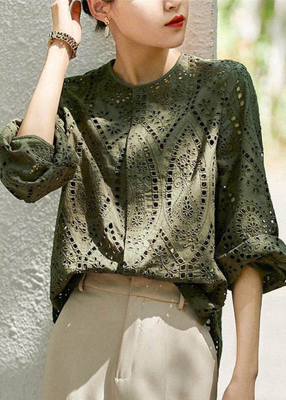 Light Khaki O Neck Hollow Out Cotton Blouses Long Sleeve