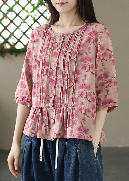 Organic Purple O-neck Print Wrinkled Linen Shirt Summer