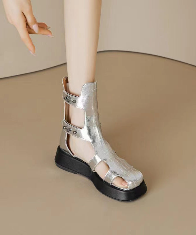 Hollow Out Platform Sandals Boots Black Cowhide Leather