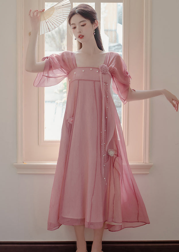 Classy Pink Drawstring Patchwork Chiffon Dress Summer