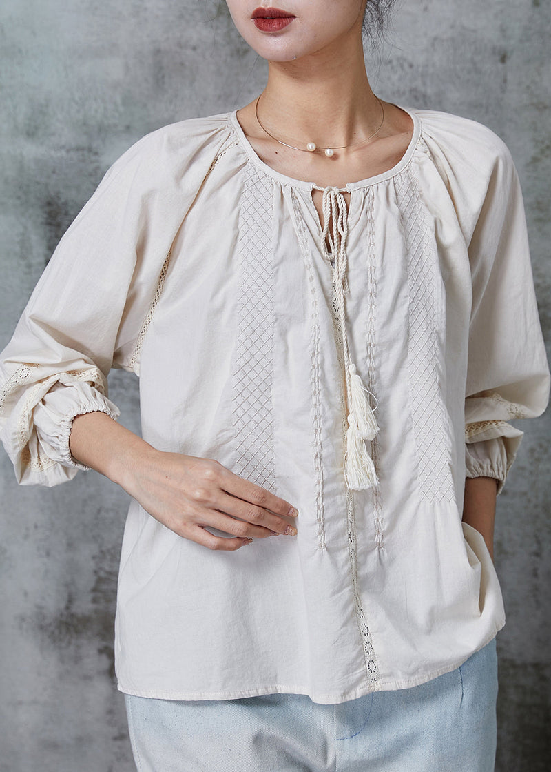 Classy Apricot Embroidered Tasseled Cotton Shirt Tops Spring