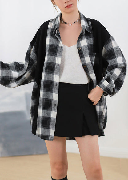 Black Plaid Button Patchwork Cotton Shirt Fall