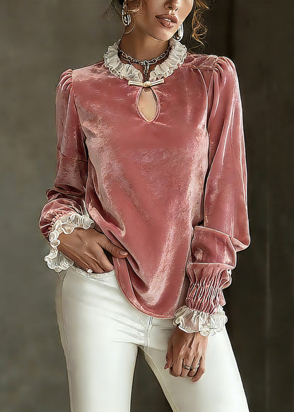 Pink Cinched Patchwork Silk Velour Shirt Petal Sleeve