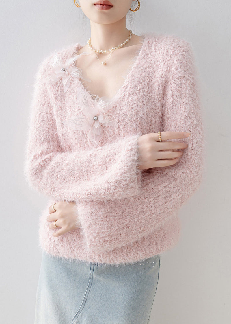 French Pink V Neck Knit Sweater Tops Spring